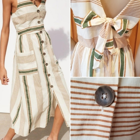 Zara Ecru Striped Rustic Midi Tie Back Sun Dress - Picture 9 of 11